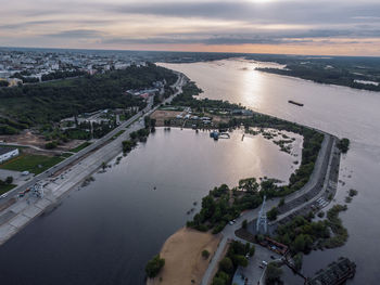 High angle view of river amidst buildings in city