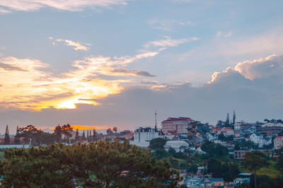 High angle view of buildings against cloudy sky