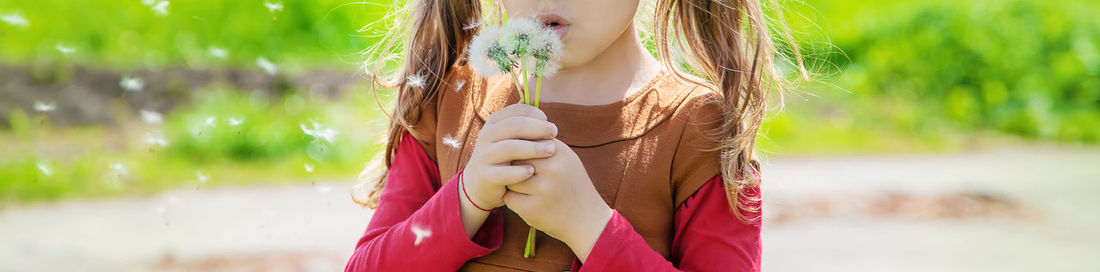 Midsection of girl blowing dandelion