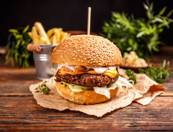 Close-up of burger on table