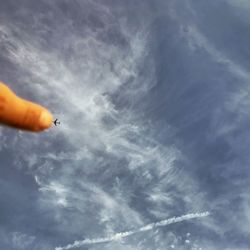 Low angle view of person hand against sky