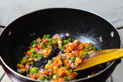 High angle view of vegetables in cooking pan