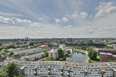 High angle view of buildings against sky