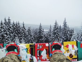 Low section of flags against snow covered trees