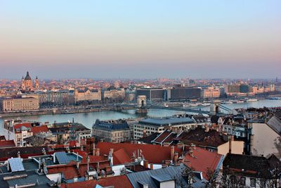 High angle view of townscape against sky during sunset