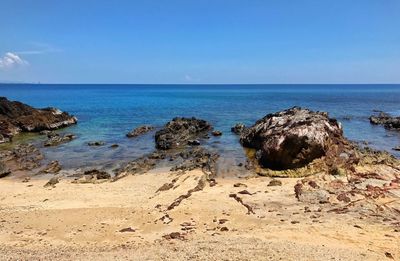 Scenic view of sea against clear blue sky