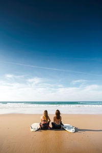 Rear view of female friends sitting at beach against blue sky