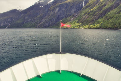 Bow or prow of a cruise boat in a fjord in norway