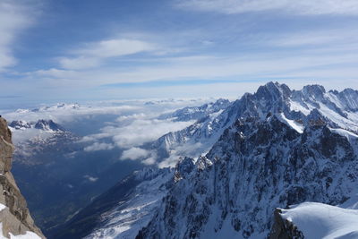Aerial view of snowcapped mountains against sky