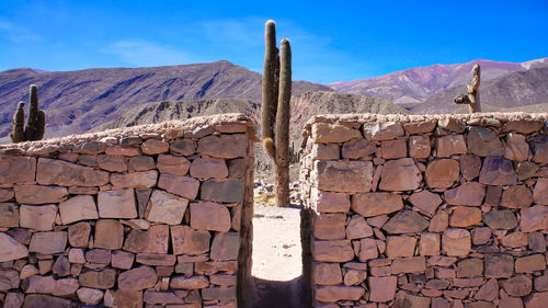 Brick wall with mountain in background