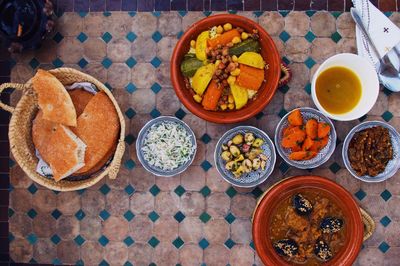 High angle view of breakfast on table