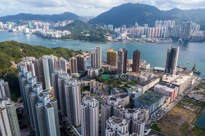 High angle view of buildings in city