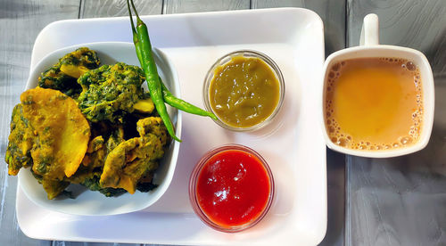 High angle view of meal served on table