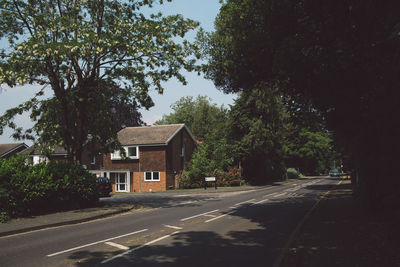 Road amidst trees and buildings against sky