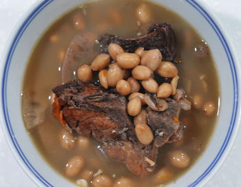 High angle view of food in bowl on table