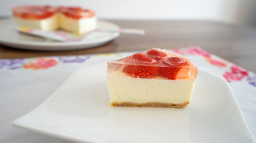 Close-up of cake in plate on table