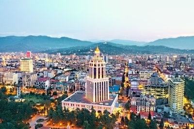 High angle view of buildings in city