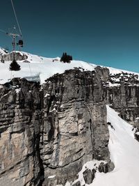 Low angle view of snow covered mountain against clear sky