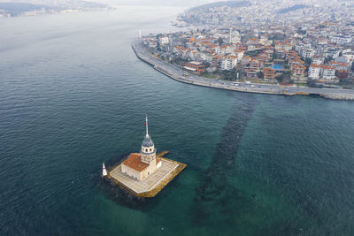 Turkey, istanbul, aerial view of maidens tower and uskudar district