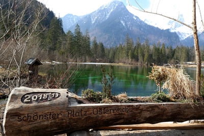 Scenic view of lake by trees and mountains