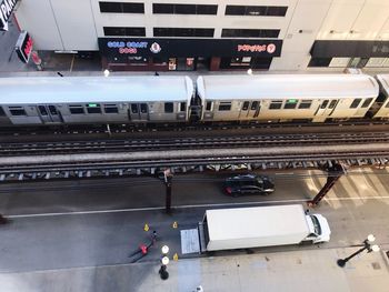 High angle view of train on railroad station platform