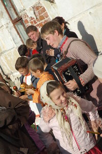 High angle view of children standing at home
