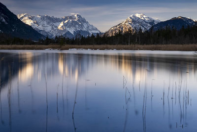 Scenic view of lake and snowcapped mountains against sky