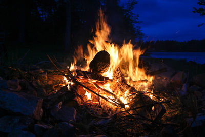 Bonfire on log at night