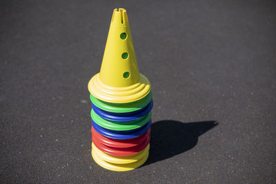 High angle view of multi colored pencils on road