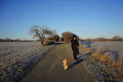 Rear view of man walking on field against clear sky