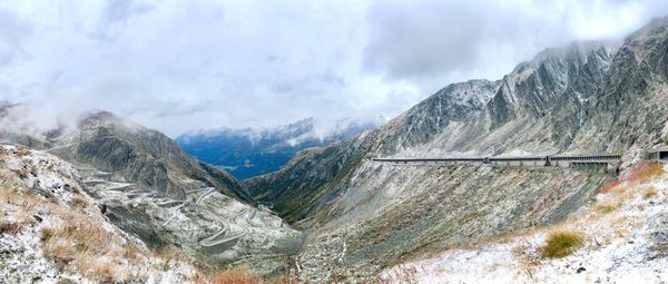 Panoramic view of snowcapped mountains against sky