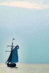 Sailboat sailing on sea against sky