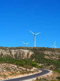 Windmill on field against clear blue sky