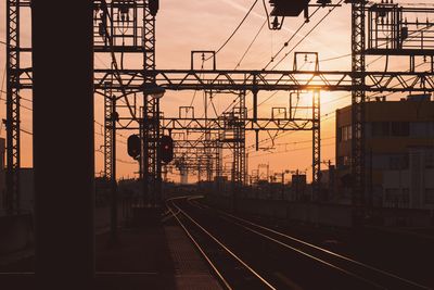 Railroad tracks against sky during sunset