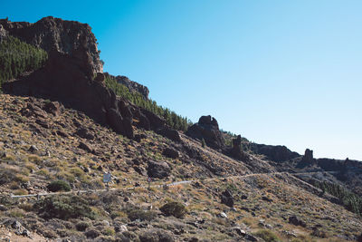 Low angle view of rocks against clear sky