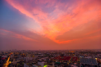 High angle view of townscape against sky during sunset