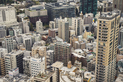 High angle view of modern buildings in city