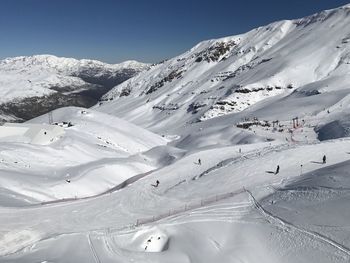 Scenic view of snowcapped mountains against clear sky