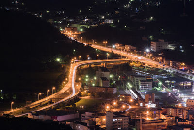 High angle view of city street at night