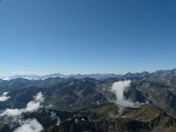 Scenic view of mountains against clear blue sky