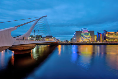 The dockland area with the samuel beckett bridge in dublin, ireland, at dusk