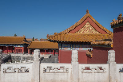 Low angle view of temple building against clear blue sky