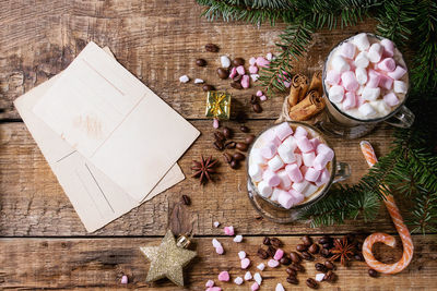 High angle view of marshmallow on drink at table