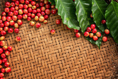 High angle view of cherries in basket