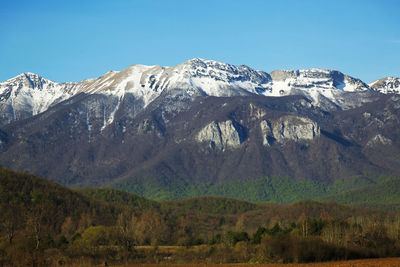 Scenic view of snowcapped mountains against clear blue sky