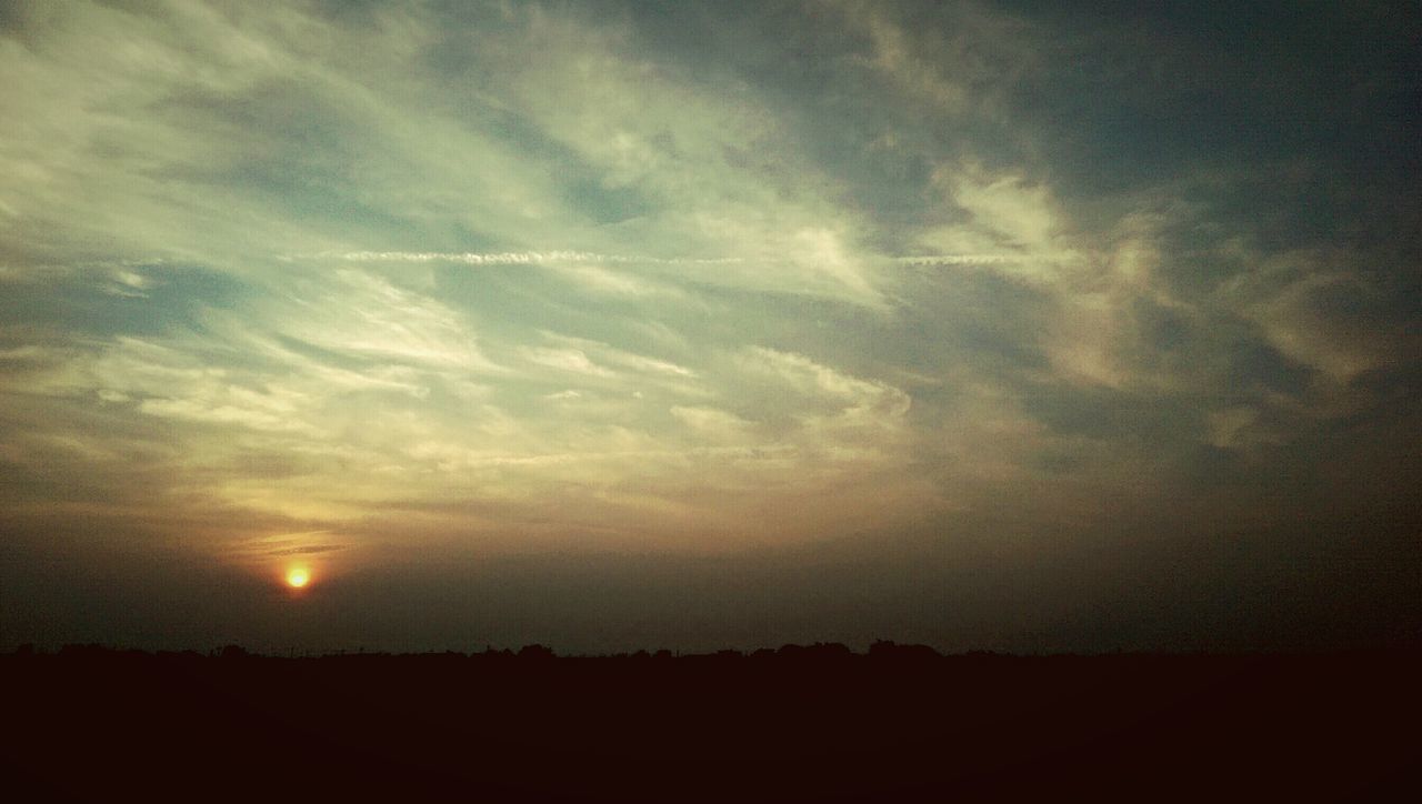 sunset, silhouette, scenics, tranquil scene, tranquility, sky, beauty in nature, sun, landscape, nature, idyllic, cloud - sky, orange color, sunlight, cloud, dark, outdoors, sunbeam, horizon over land, no people