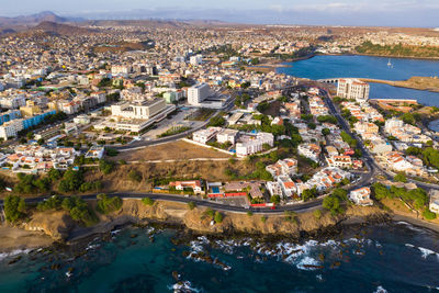 High angle view of buildings in city