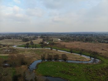 High angle view of field against sky