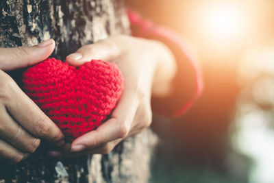 Cropped hands of woman holding woolen heart shape against tree trunk