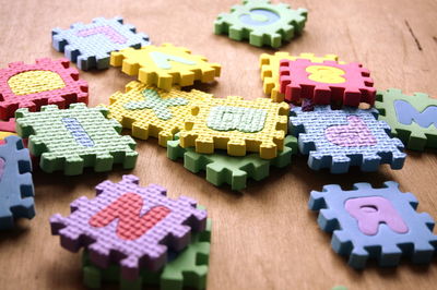 High angle view of toys on table